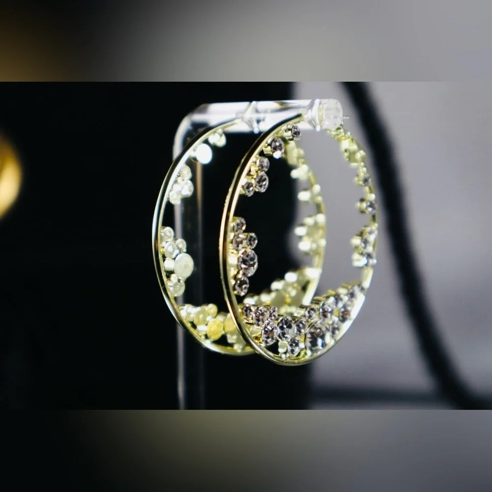 Stunning Crystal Gold Large Disk Hoop Earrings